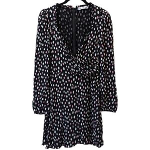 Zara Faux-Wrap Pink & White Dot Long Sleeved Ruched Shoulder Mini Dress (S)